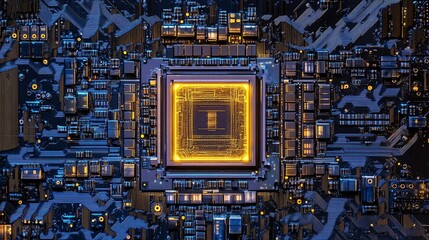 Poster - Close-up of a complex microchip circuit board with glowing central processor.