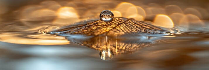 Poster - Water droplet on a leaf, reflecting light and creating a symmetrical image.