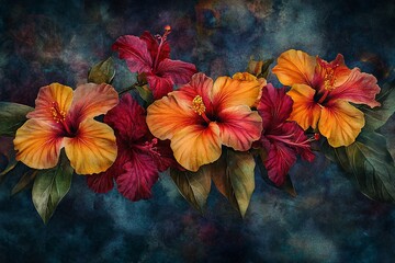 Poster - Watercolor painting of vibrant orange and red hibiscus flowers with green leaves on a dark background.