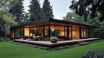 Poster - Modern house with large windows, wooden deck, and green lawn.