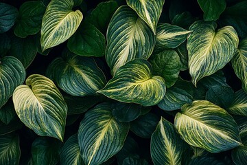 Poster - Lush green and yellow variegated leaves background texture.