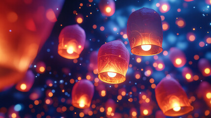 A vibrant festival of lights ceremony, with abstract lanterns floating into the night sky, their trails creating patterns that represent hope and connection.  