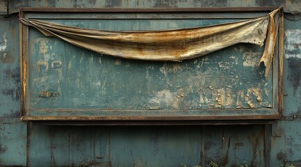 Poster - Rusty metal sign with faded fabric draped over it.