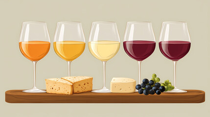 Wall Mural - Cheese board with different varieties and three glasses of wine. ai. Cascadefall. Illustration