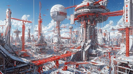 Fototapete - Futuristic city under construction, showcasing towering structures, advanced technology, and bustling activity.