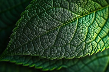 Aufkleber - Close-up of a vibrant green leaf, showcasing intricate vein patterns and textures.