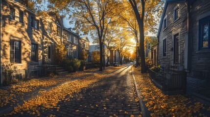Leinwandbilder - sunlit autumn street scene with colorful leaves on a cobblestone road, between houses.