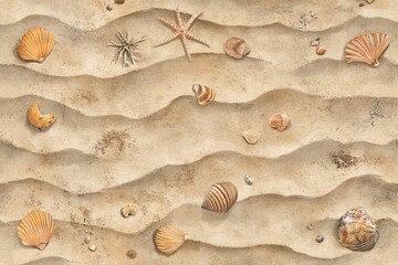 Poster - Seashells scattered on wavy sand beach texture.