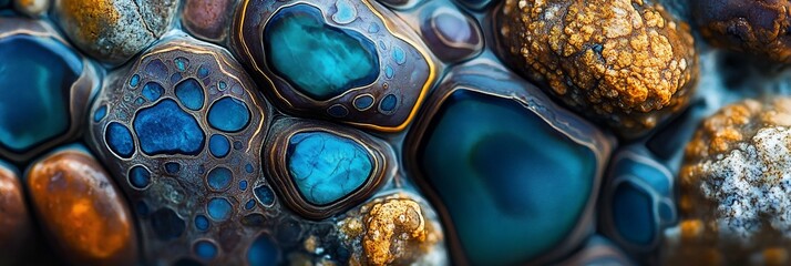 Fototapete - Close-up of vibrant, multicolored, polished stones with intricate patterns and textures.