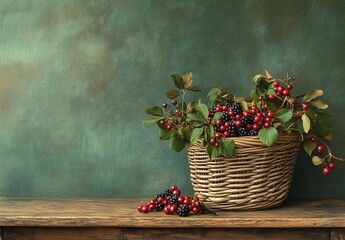 Aufkleber - A wicker basket overflowing with ripe blackberries and red berries sits on a rustic wooden surface against a dark green backdrop.