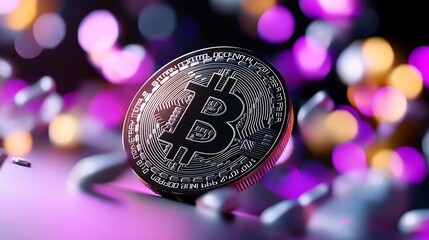 Poster - Close-up of a shiny bitcoin cryptocurrency coin with bokeh lights in the background.