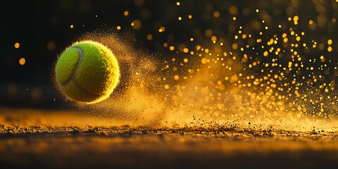 Wall Mural - Tennis ball in motion, dust trail, golden light.