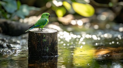 Poster - A vibrant green parrot perched on a tree stump in a tranquil stream, sunlight glistening on the water.
