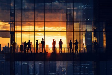 Poster - Silhouetted businesspeople on a skyscraper balcony at sunset, overlooking a city skyline.
