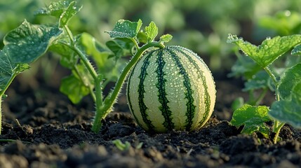 Poster - Small watermelon growing in a field, covered in morning dew.