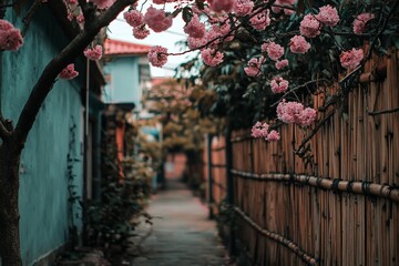 Poster - Pink flowers blooming over a narrow pathway between traditional houses and bamboo fences.