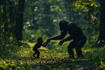 Aufkleber - Silhouette of adult chimpanzee and baby playing in lush green forest.