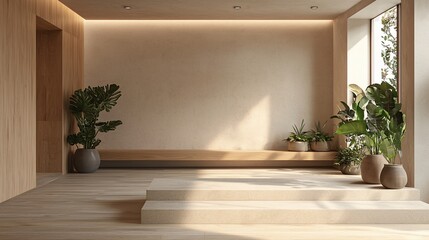 Fototapete - Minimalist interior design with wooden floors, walls, and plants.