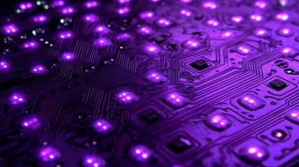 Aufkleber - Close-up of illuminated purple circuit board with integrated circuits and pathways.