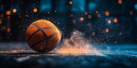 Poster - Close-up of basketball rolling on court, dust and water splashing.
