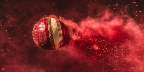 Poster - Red cricket ball in motion, surrounded by red powder explosion.