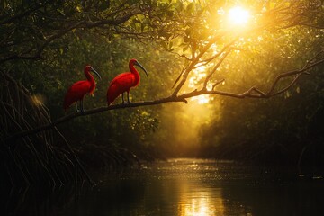 Sticker - Two scarlet ibis birds perched on a branch over a tranquil mangrove waterway at sunset.