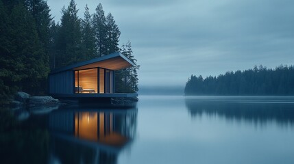 Poster - Modern cabin on tranquil lake at dusk, illuminated interior.