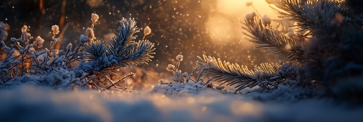 Poster - Snow-covered pine branches at sunset.