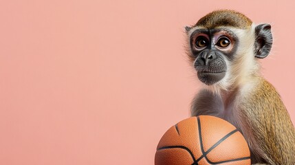 Wall Mural - A young monkey sits holding a miniature basketball against a pink background.