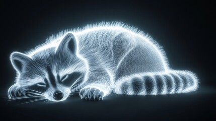 Poster - Glowing neon raccoon sleeping peacefully on dark background.