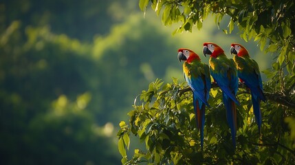 Sticker - Three vibrant macaws perched on a tree branch in a lush green forest, bathed in sunlight.