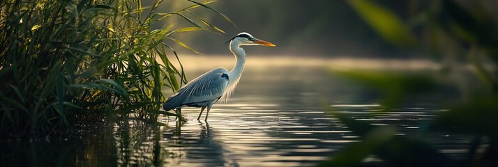 Poster - Grey heron wading in calm water at sunrise, surrounded by reeds.