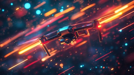 Poster - Futuristic drone in motion, surrounded by vibrant light trails and particles.