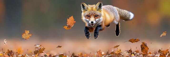 Poster - Red fox leaping through autumn leaves. (1)