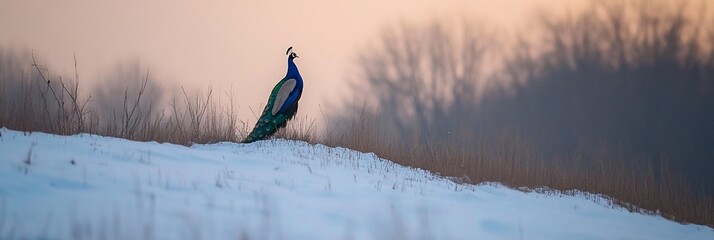Poster - Solitary peacock on snow-covered hill at sunset.