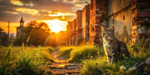 Cat prowls ancient stones, slickened oil.  Urban trek.