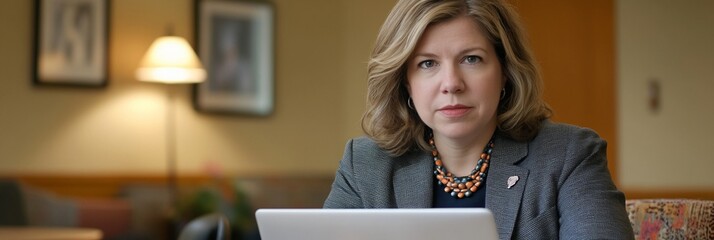 Poster - Serious woman sits at table with laptop, looking directly at camera.