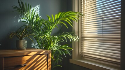 Poster - Sunlight streams through window blinds onto potted plants on wooden chest.