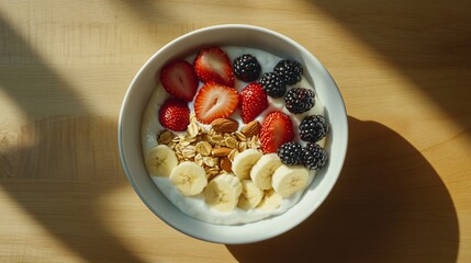 Poster - A bowl of yogurt with strawberries, blackberries, banana, and granola, illuminated by sunlight on a wooden table.