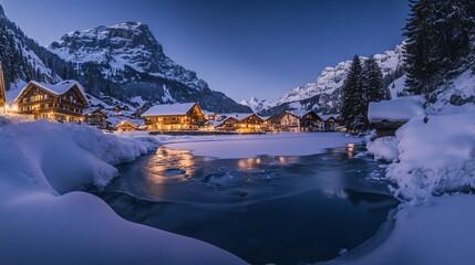Poster - Snowy alpine village at twilight, reflecting in a frozen lake with mountains in background.