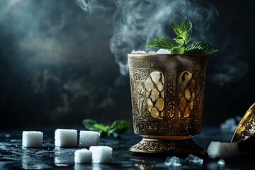 Poster - Steaming iced drink in ornate metal cup with mint and sugar cubes.