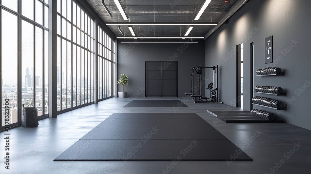 Modern gym interior with large windows, city view, weight rack, and ...