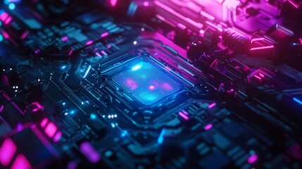 Aufkleber - Close-up of a futuristic, glowing circuit board with a central processor.