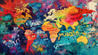 © Oleksandr - A vibrant world map made of letters, each continent filled with words from various languages, symbolizing global communication through language learning.