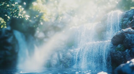 Poster - Serene waterfall cascading over rocks into a tranquil pool, surrounded by lush greenery in sunlight.