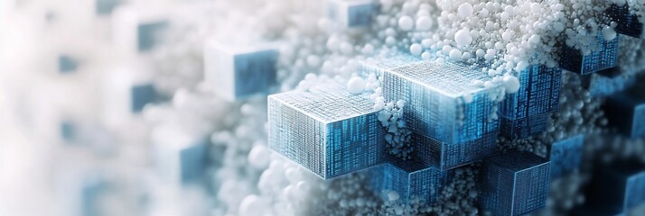 Fototapete - Abstract 3D rendering of blue cubes and white spheres, resembling a futuristic data structure or digital landscape.