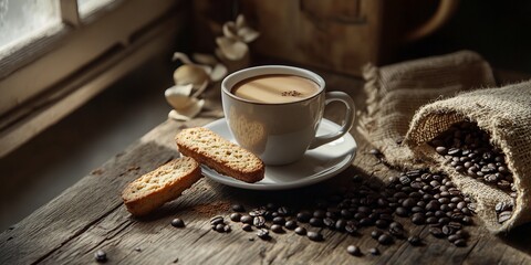 Aufkleber - Rustic wooden table with coffee cup, biscotti, and coffee beans near window.