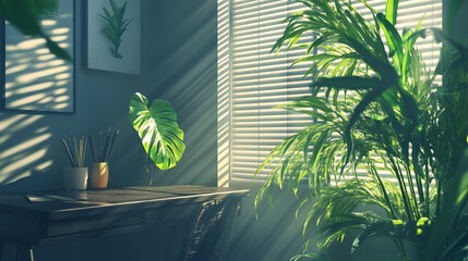 Poster - Sunlit room interior with plants, wooden desk, and blinds.
