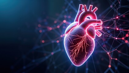 Poster - Digital illustration of human heart. Tech cardiologic model with glowing blood vessels. Futuristic cardio system concept. Medical illustration. Heart health tech. Science, tech medical concept.