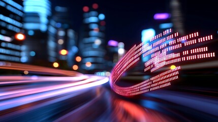 Fototapete - Futuristic cityscape at night with digital data stream flowing over a highway.